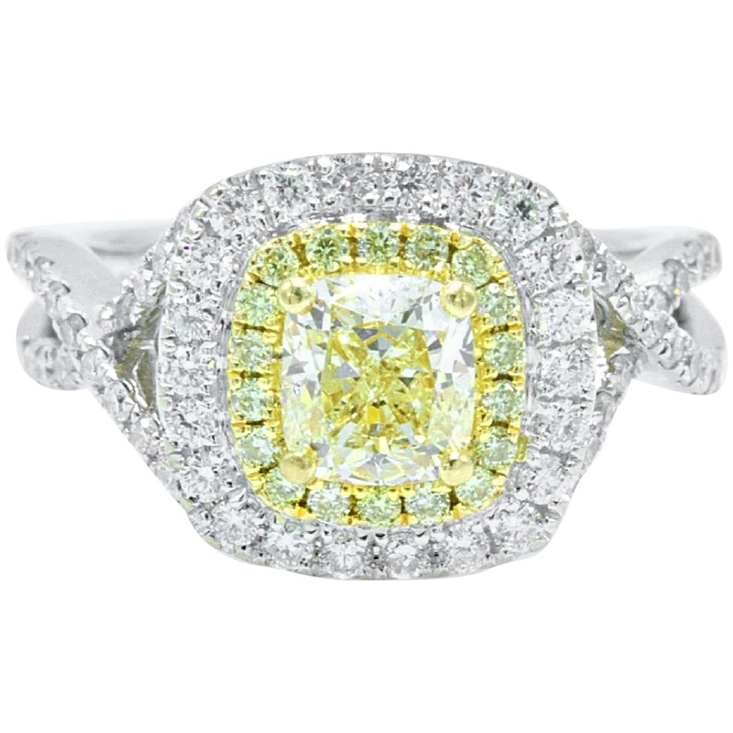 Fancy Yellow Cushion Diamond Halo Engagement Ring 1.75 Carat in 18 Karat Gold