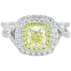 Fancy Yellow Cushion Diamond Halo Engagement Ring 1.75 Carat in 18 Karat Gold