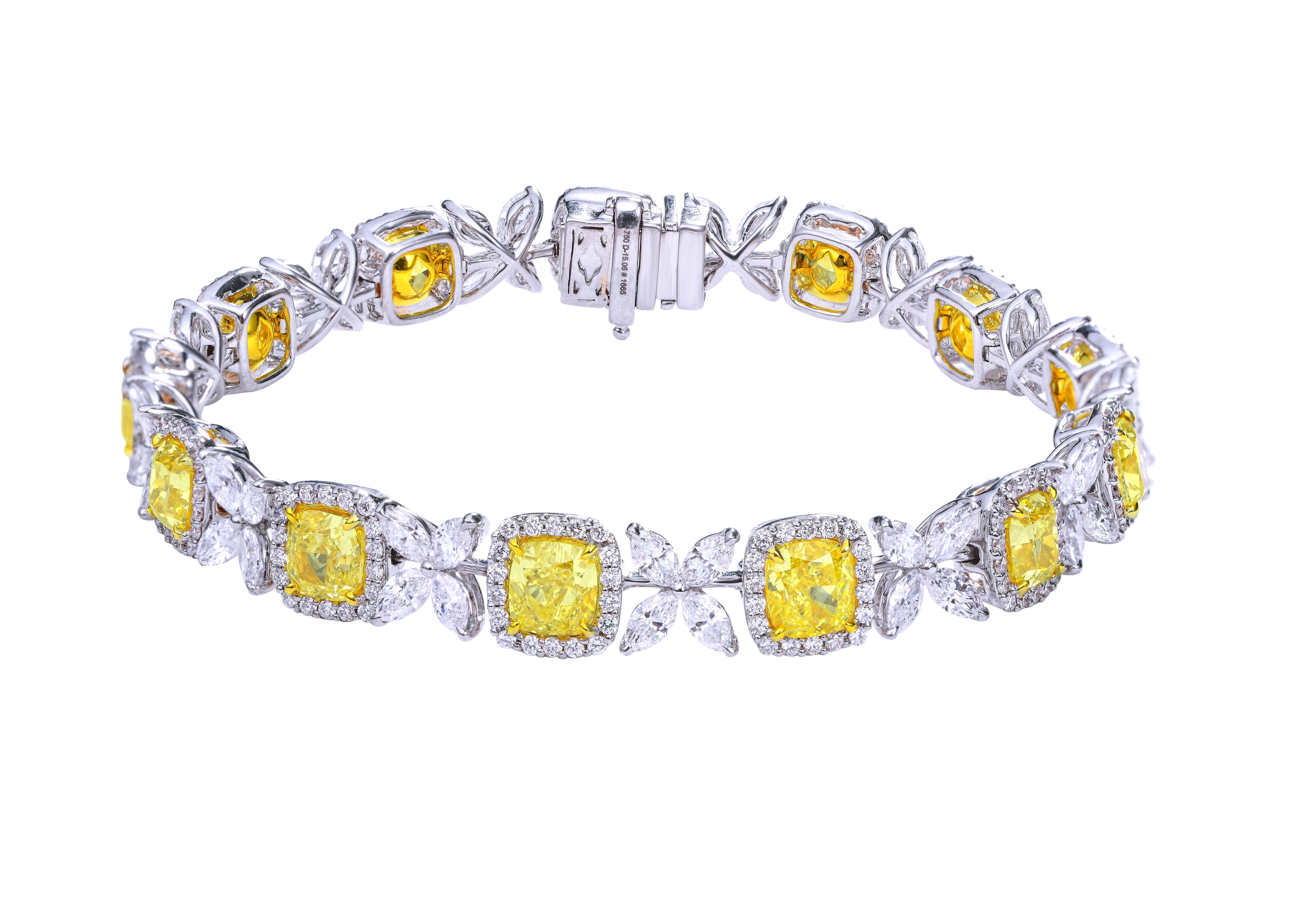 Radiant Cut Fancy Yellow Cushion and White Halo Bracelet, 15.06 Carat For Sale