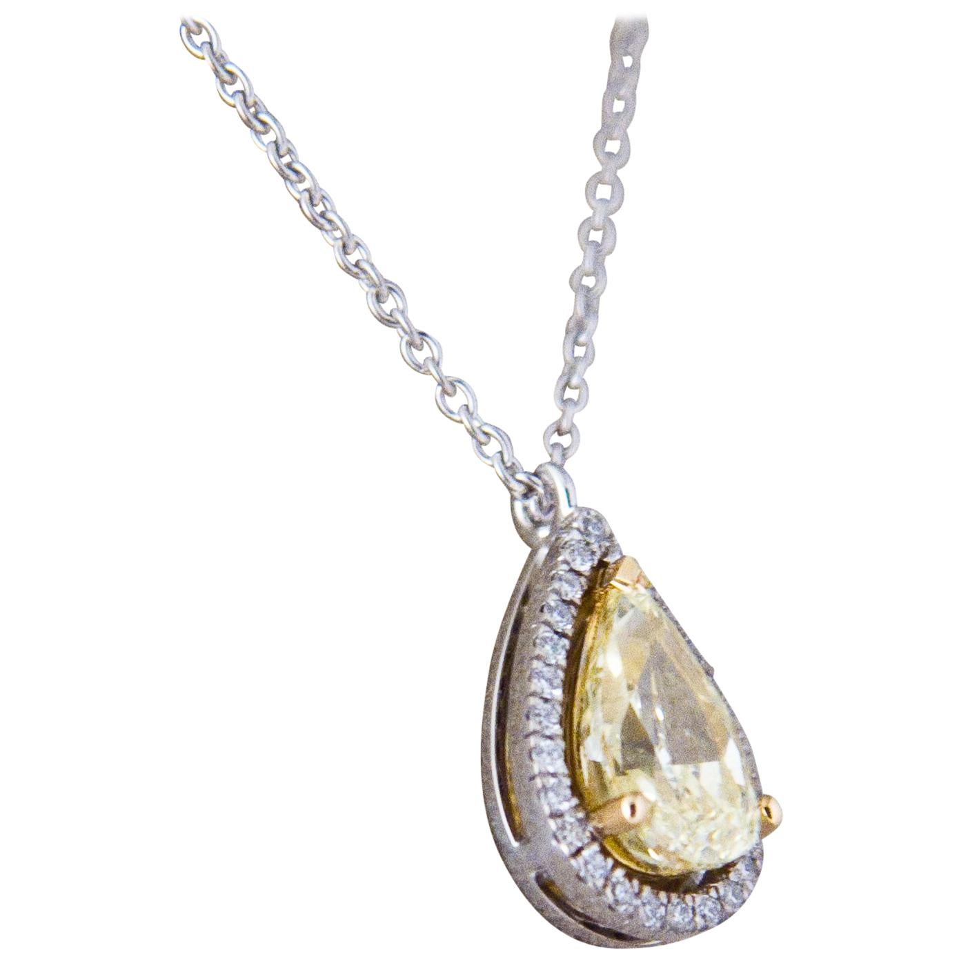 Pear Cut Fancy Yellow Diamond 1.5 ct GIA, White Diamond , White Gold 18 K Pendant Necklace