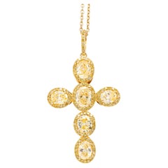 Fancy Yellow Diamond 18 Carat Yellow Gold Halo Cross Pendant and Chain