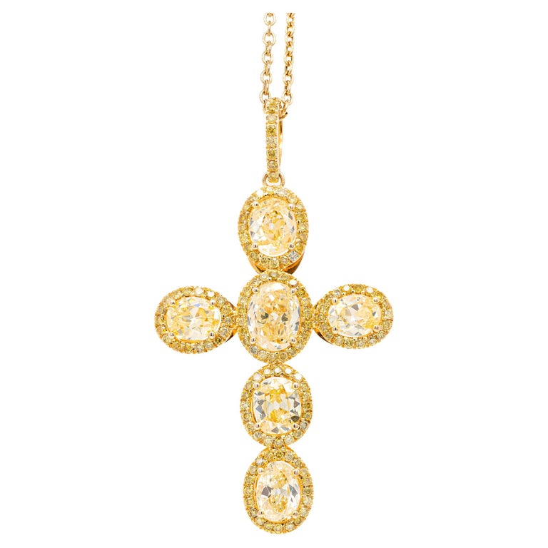 Fancy Yellow Diamond 18 Carat Yellow Gold Halo Cross Pendant and Chain