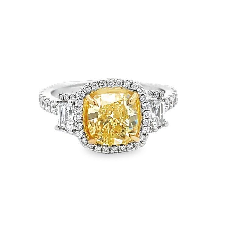 Cushion Cut Fancy Yellow Diamond 2.01CT GIA White Diamonds 1.15CT in 18K White Bridal Ring For Sale