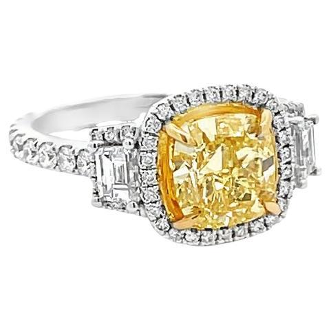 Fancy Yellow Diamond 2.01CT GIA White Diamonds 1.15CT in 18K White Bridal Ring For Sale
