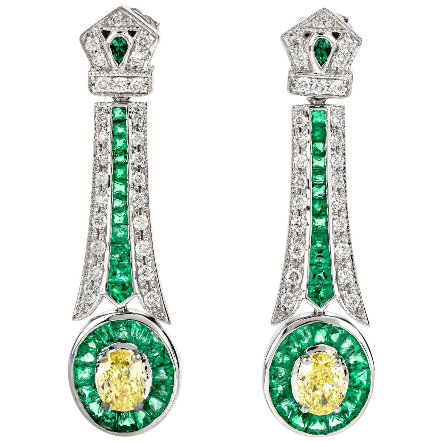 Fancy Yellow Diamond and Emerald 18 Karat Gold Oval Drop Dangle Earrings