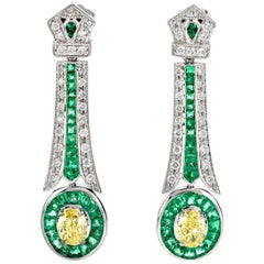 Fancy Yellow Diamond and Emerald 18 Karat Gold Oval Drop Dangle Earrings