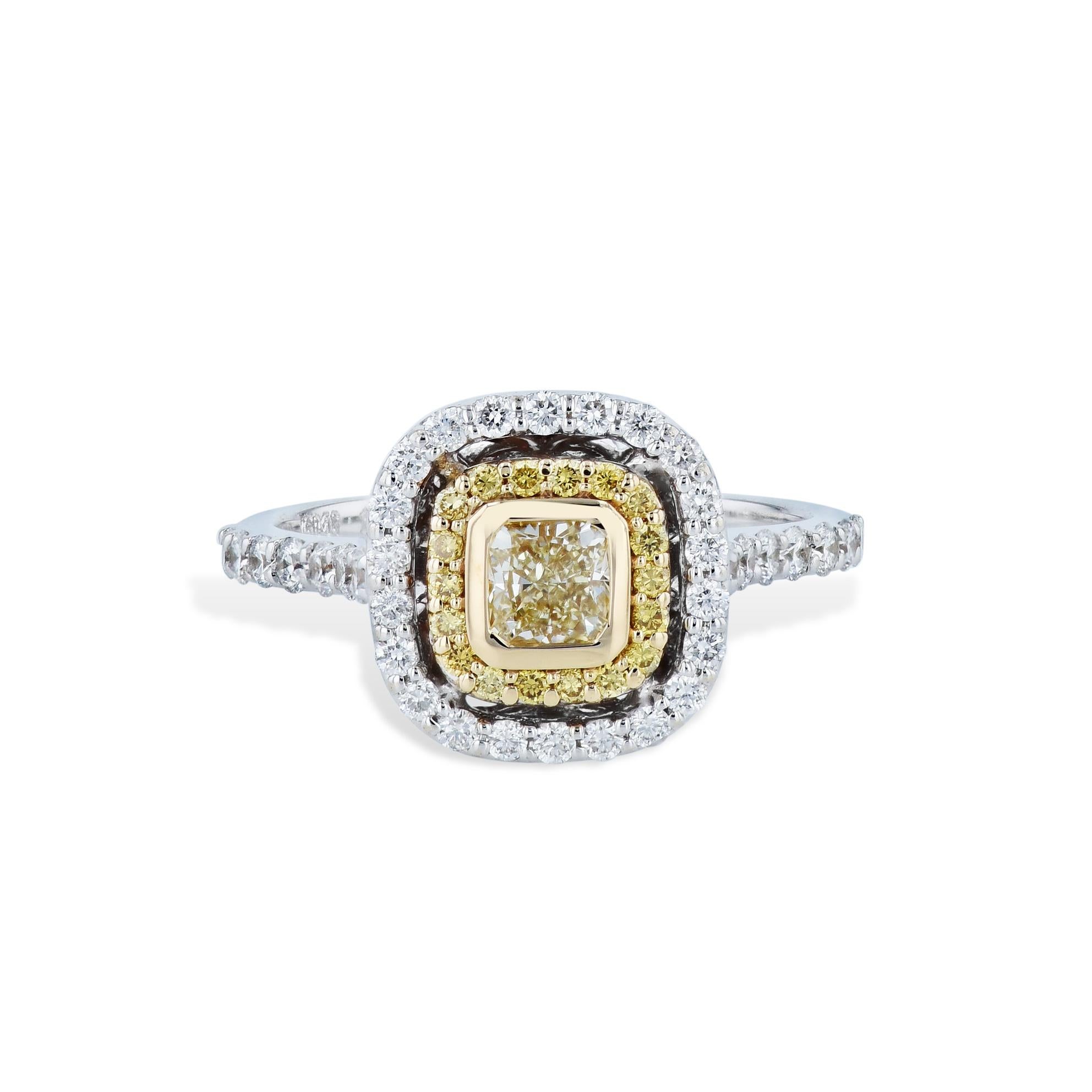 Modern Fancy Yellow Diamond and Pave Estate Engagement Ring For Sale
