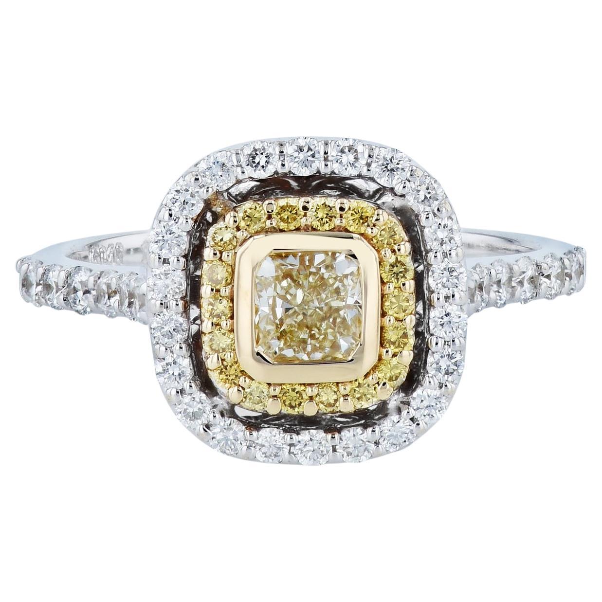 Fancy Yellow Diamond and Pave Estate Engagement Ring For Sale