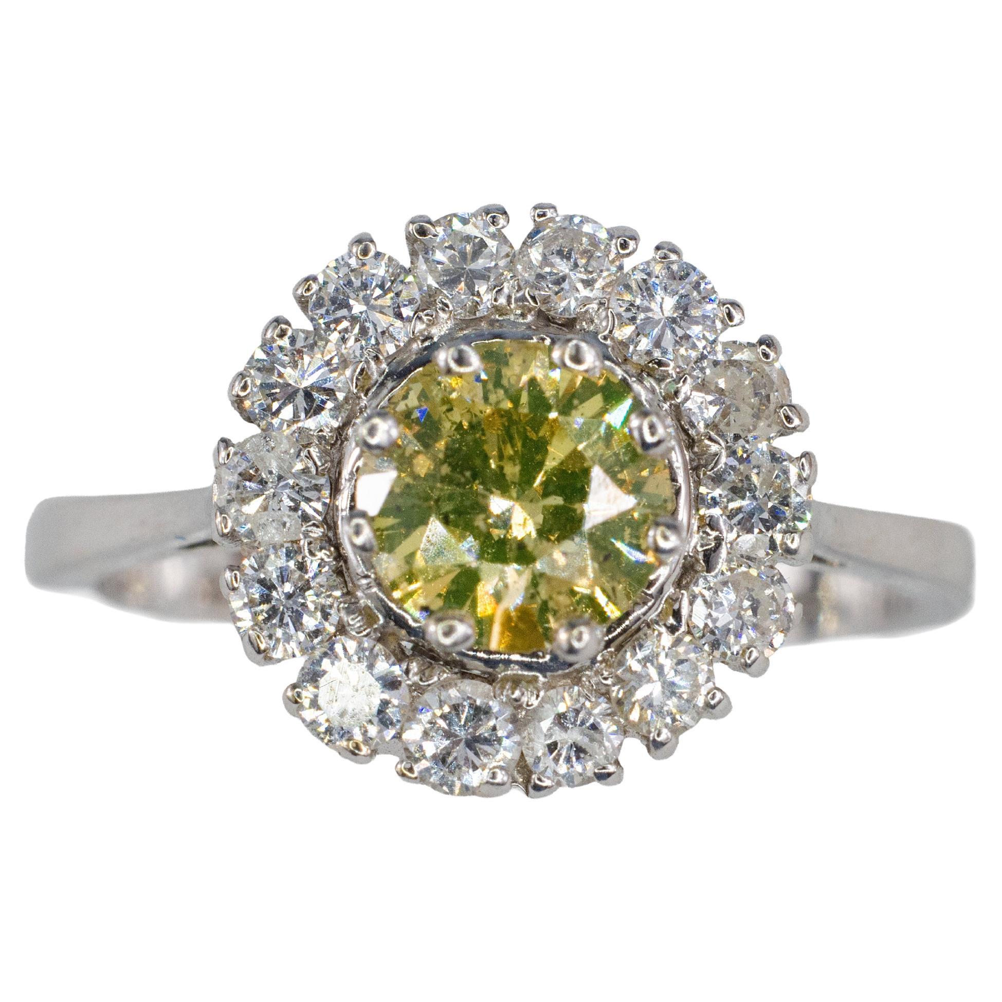 Fancy Yellow Diamond and White Diamond Halo Ring For Sale