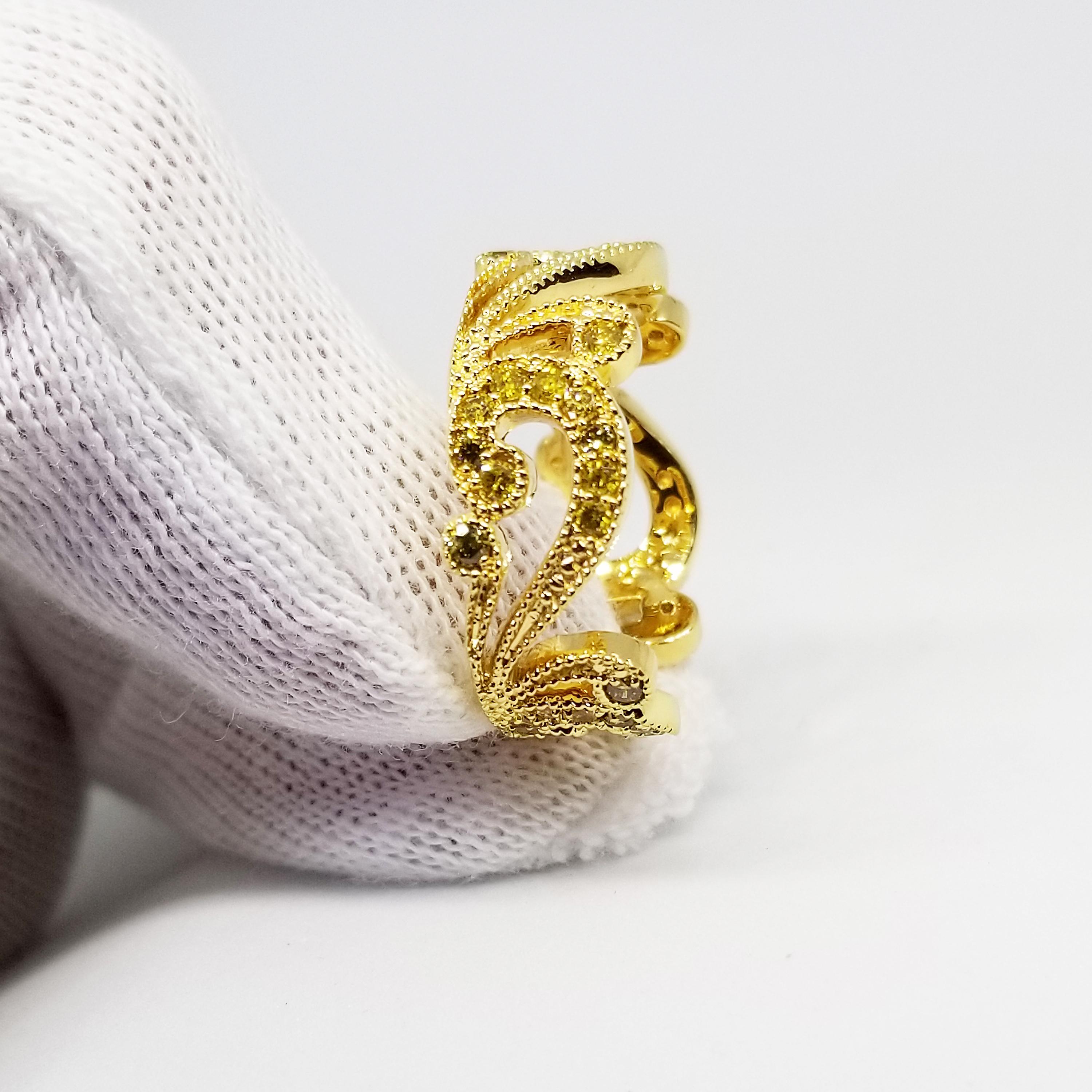 Round Cut Fancy Yellow Diamond Crown Swirl Eternity Band 18 Karat One of a Kind For Sale