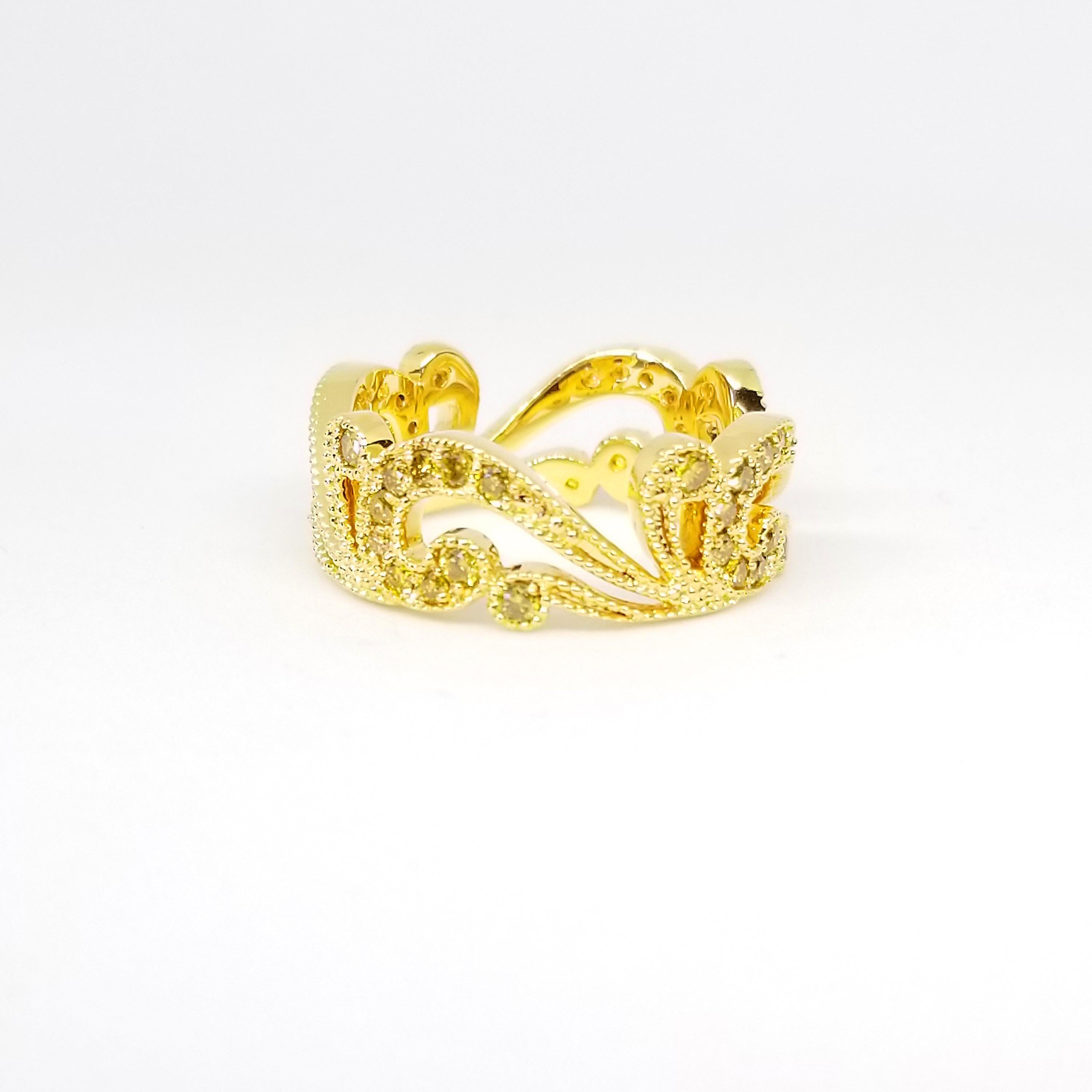 Fancy Yellow Diamond Crown Swirl Eternity Band 18 Karat One of a Kind For Sale 2