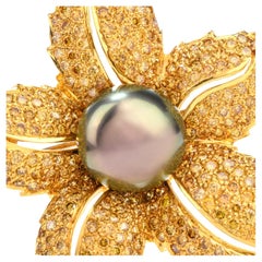 Fancy Yellow Diamond Black Tahitian Pearl 18 Karat Yellow Gold Brooch Pin