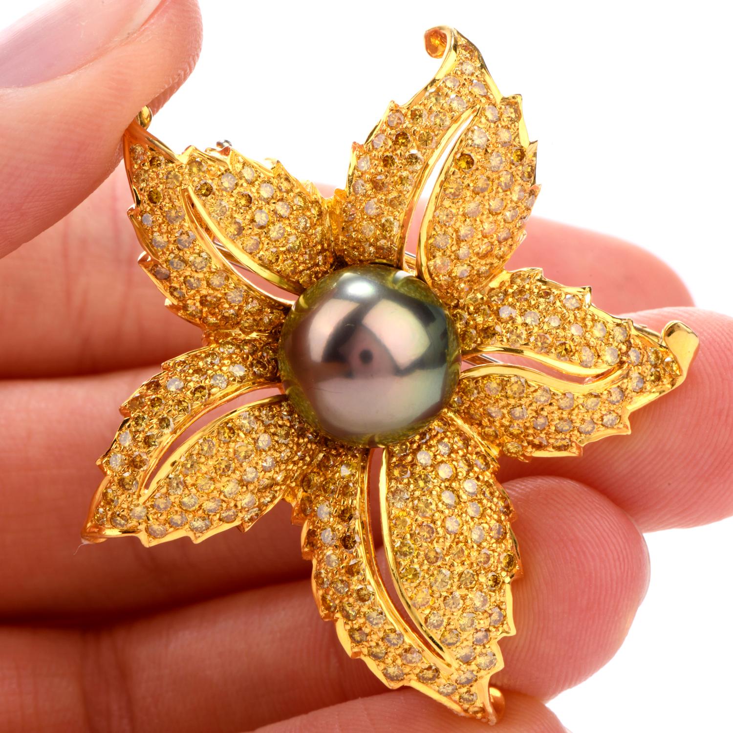 Round Cut Fancy Yellow Diamond Black Tahitian Pearl 18 Karat Yellow Gold Brooch Pin For Sale