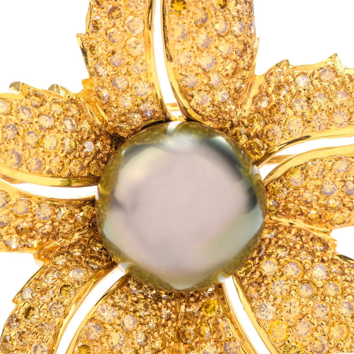 Fancy Yellow Diamond Black Tahitian Pearl 18 Karat Yellow Gold Brooch Pin In Excellent Condition For Sale In Miami, FL