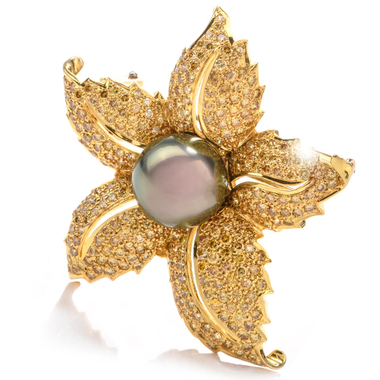 Women's or Men's Fancy Yellow Diamond Black Tahitian Pearl 18 Karat Yellow Gold Brooch Pin For Sale