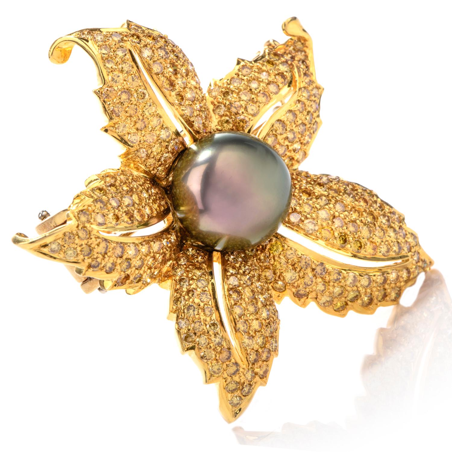 Fancy Yellow Diamond Black Tahitian Pearl 18 Karat Yellow Gold Brooch Pin For Sale 1