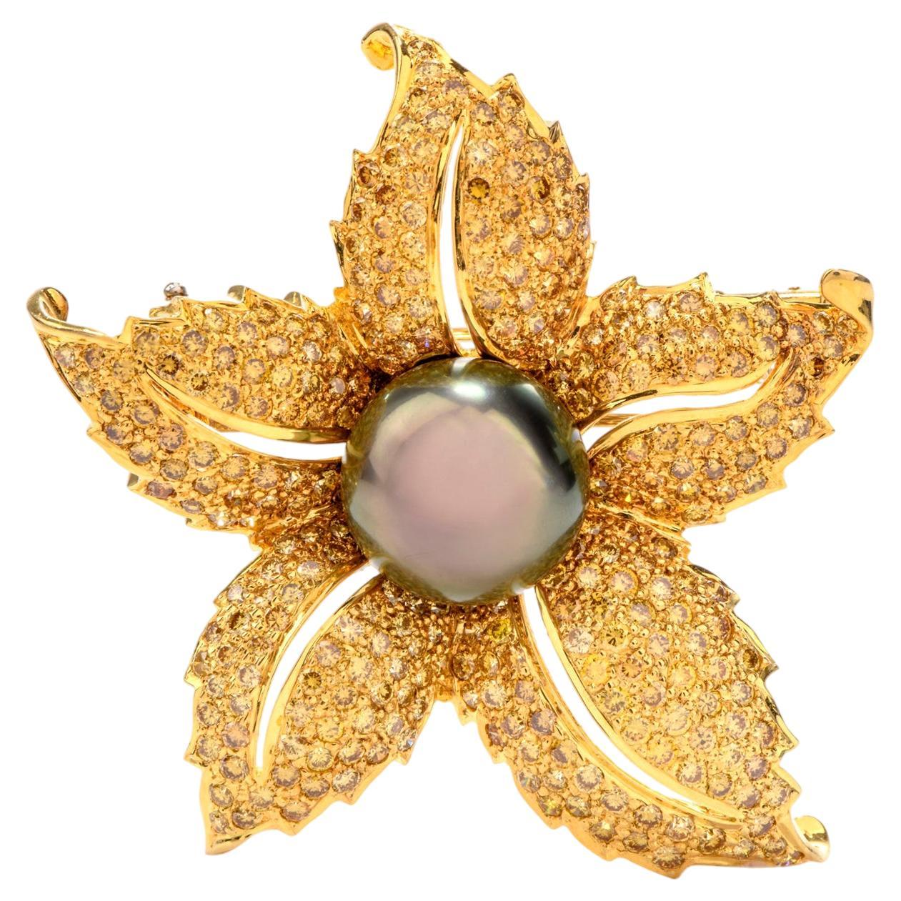 Fancy Yellow Diamond Black Tahitian Pearl 18 Karat Yellow Gold Brooch Pin For Sale