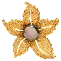 Vintage Fancy Yellow Diamond Black Tahitian Pearl 18 Karat Yellow Gold Brooch Pin