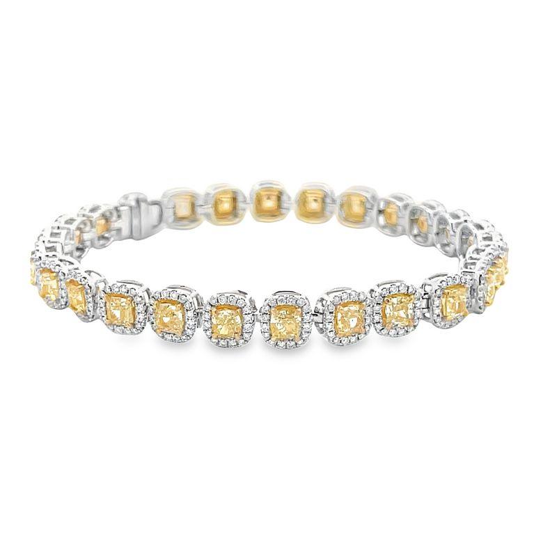 Presentamos nuestra nueva y exquisita pulsera de moda, meticulosamente elaborada con diamantes amarillos y blancos de la más alta calidad. Esta impresionante pulsera exhibe 8,00 quilates de diamantes amarillos fantasía, tallados expertamente en