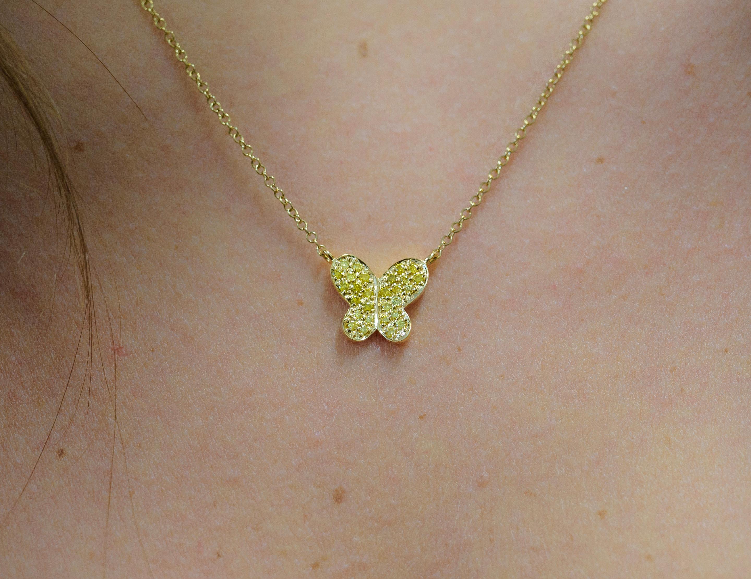 Round Cut Fancy Yellow Diamond Cluster Butterfly Charm Pendant Necklace in 18K Yellow Gold For Sale