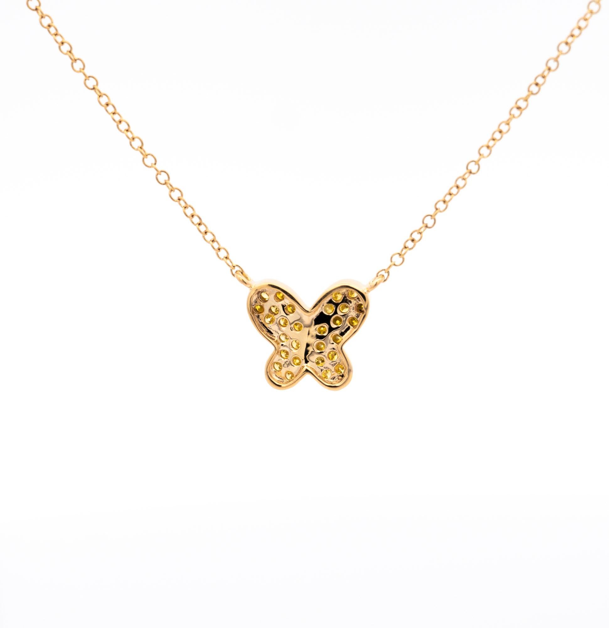 Women's Fancy Yellow Diamond Cluster Butterfly Charm Pendant Necklace in 18K Yellow Gold For Sale