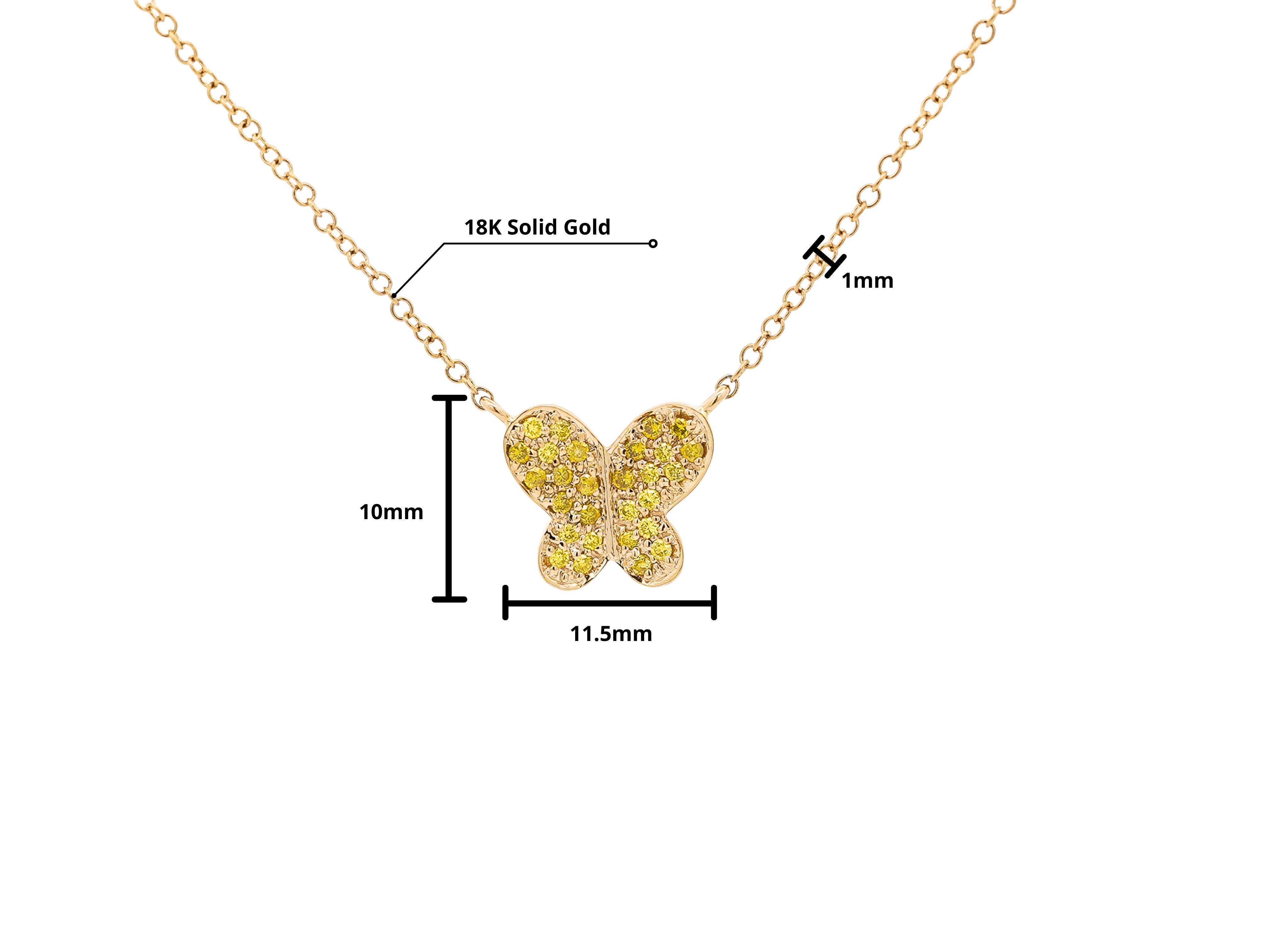 Fancy Yellow Diamond Cluster Butterfly Charm Pendant Necklace in 18K Yellow Gold For Sale 1