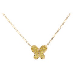 Collier pendentif breloque papillon en grappe de diamants jaunes fantaisie en or jaune 18 carats