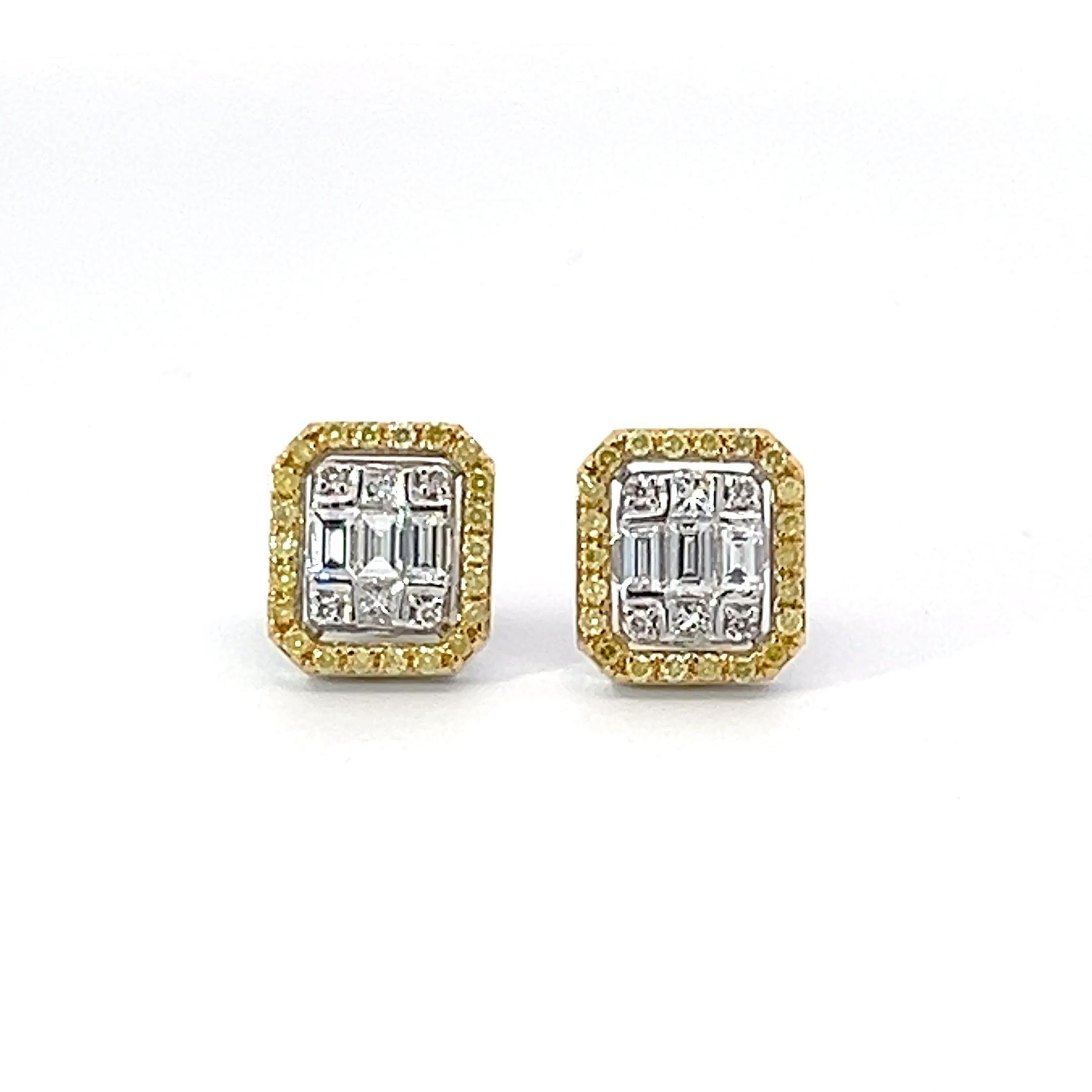Realizzati con maestria, questi orecchini Fancy Yellow Diamond Illusion Setting e oro bianco 18 carati sono un must per ogni collezione di gioielli. Caratterizzati da uno splendido design che crea l'illusione di diamanti più grandi, questi orecchini