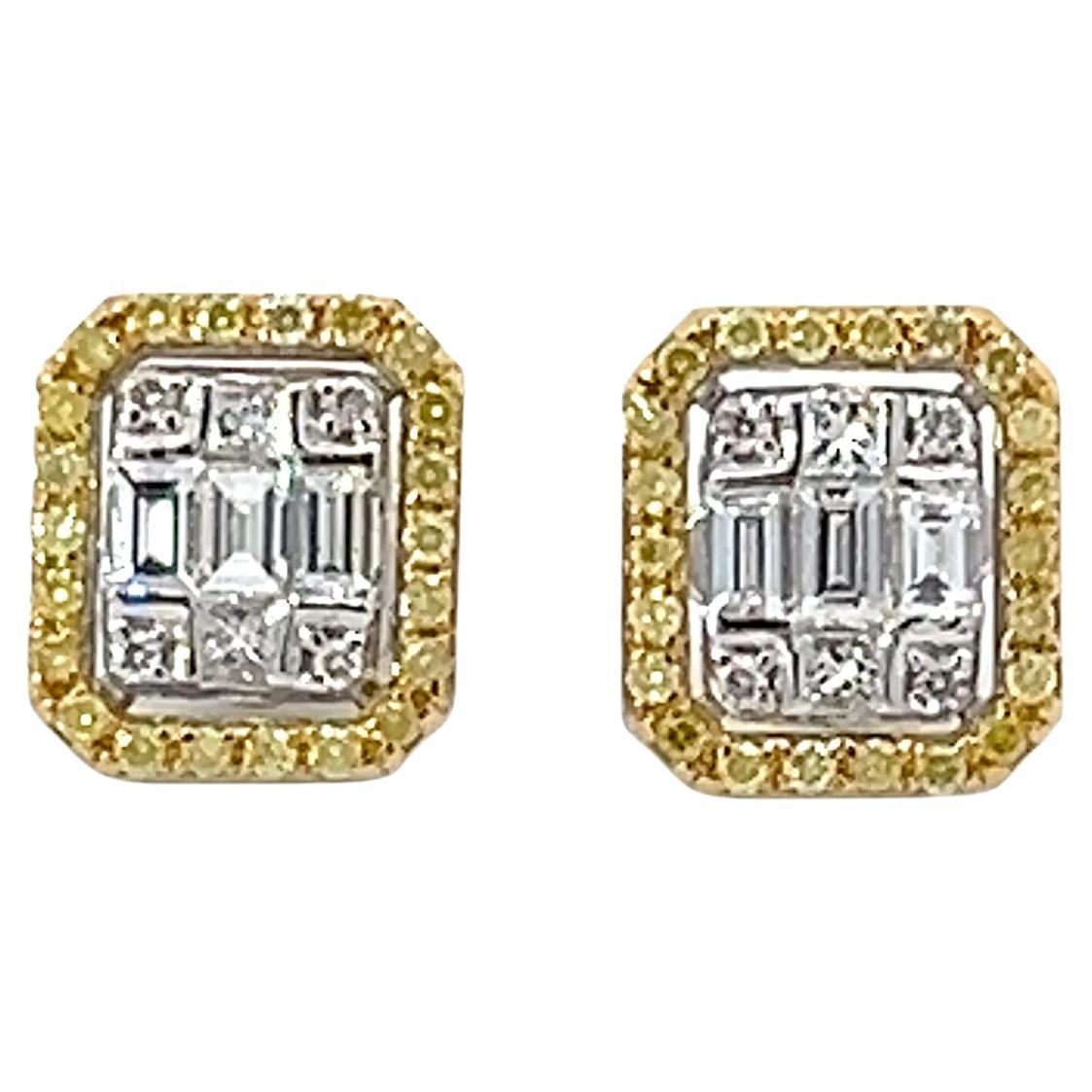 Fancy Yellow Diamond Cluster Illusion Setting and 18K White Gold Earrings