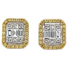 Fancy Yellow Diamond Cluster Illusion Setting and 18K White Gold Earrings