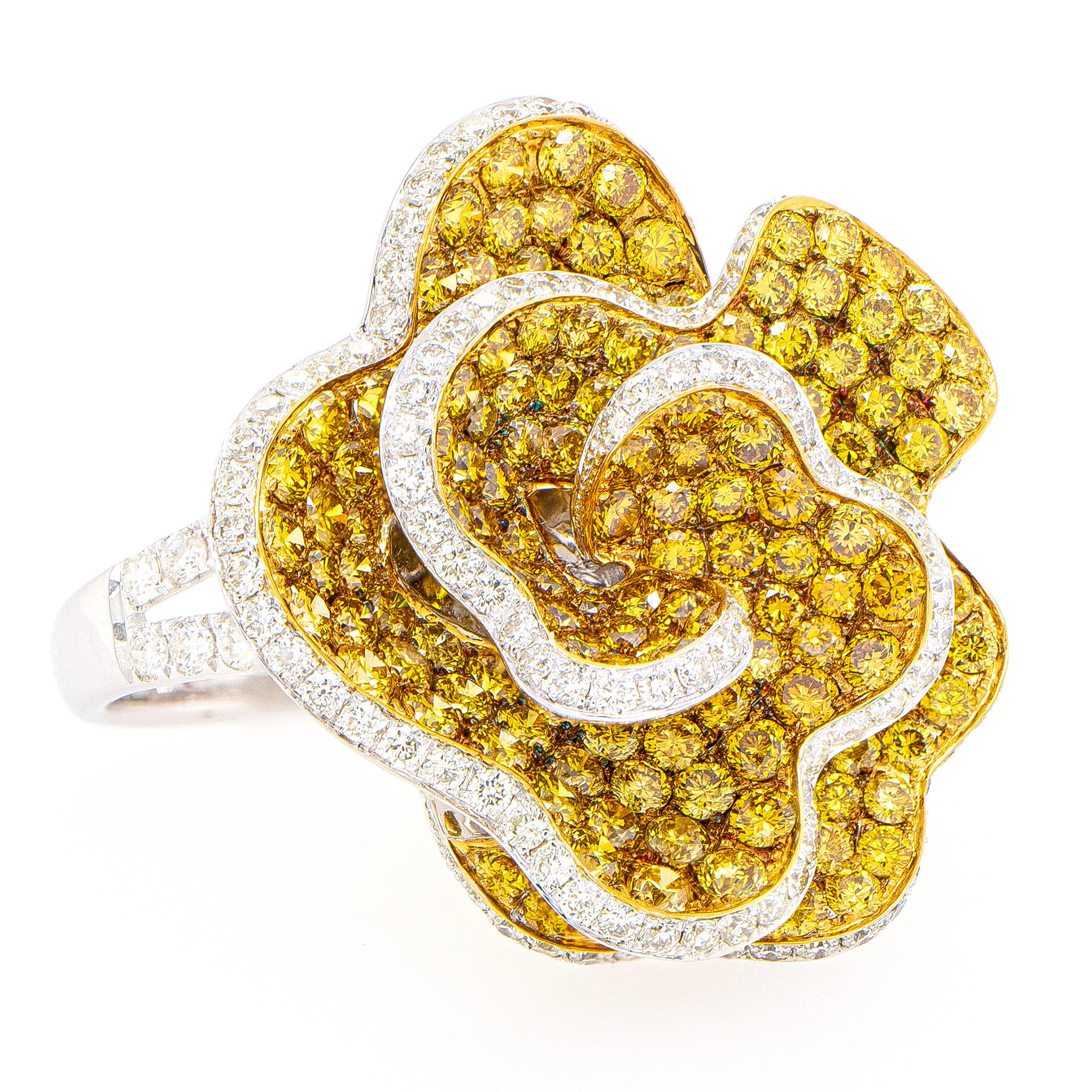 Contemporary Fancy Yellow Diamond Cocktail Ring 6.31 Carats 18k Gold For Sale