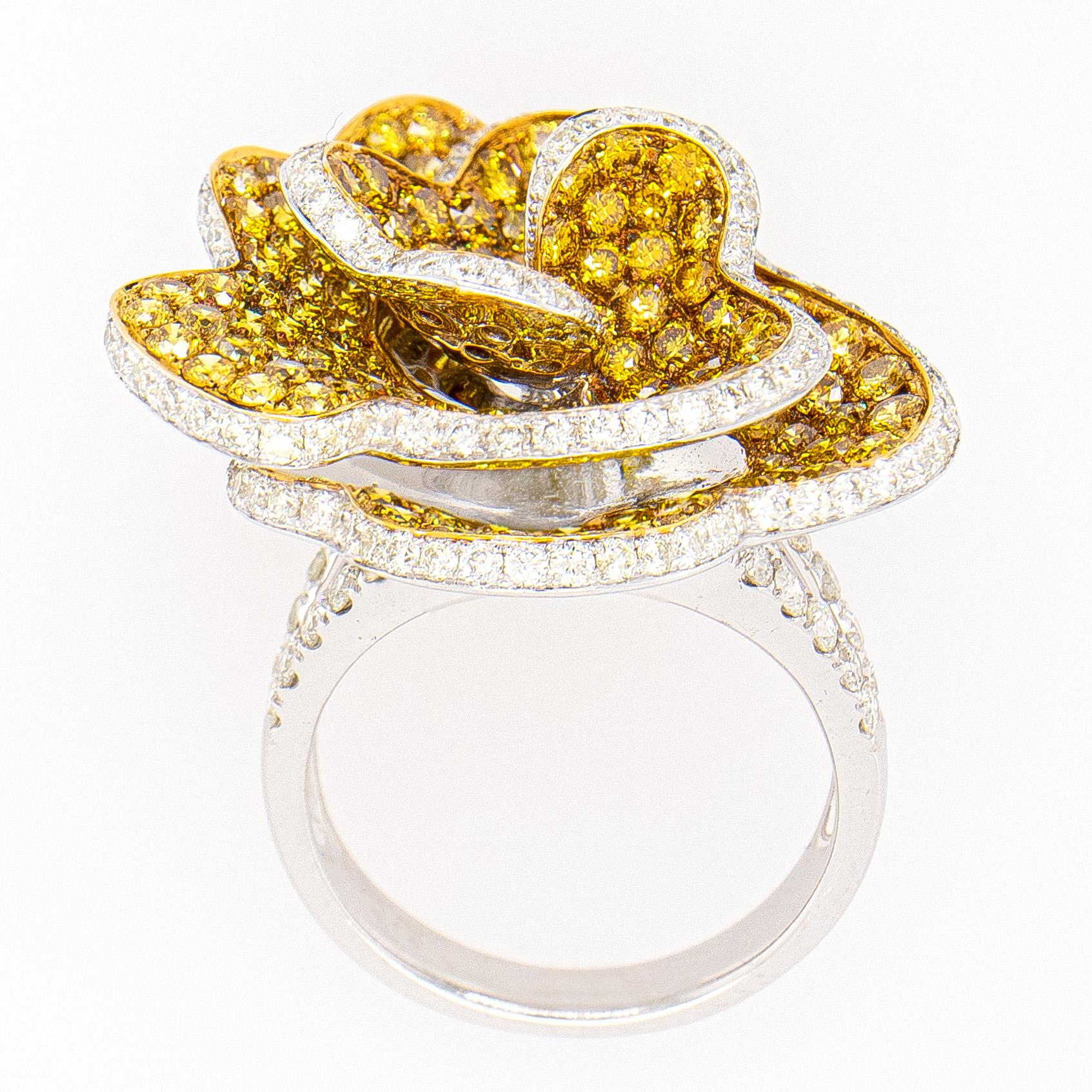 Round Cut Fancy Yellow Diamond Cocktail Ring 6.31 Carats 18k Gold For Sale
