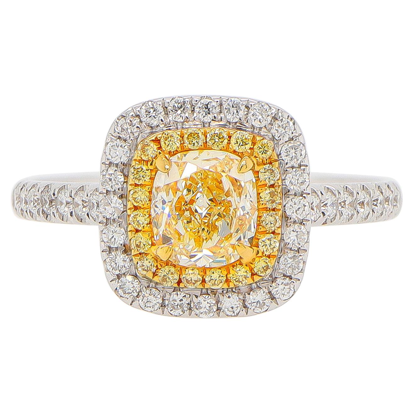 Fancy Yellow Diamond Contemporary Ring with Double Halo 18K Gold