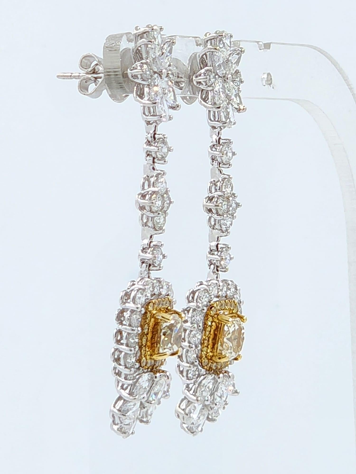 Art Deco IGI Certified Fancy Yellow Diamond Dangle Drop Earring in 18K White Gold For Sale