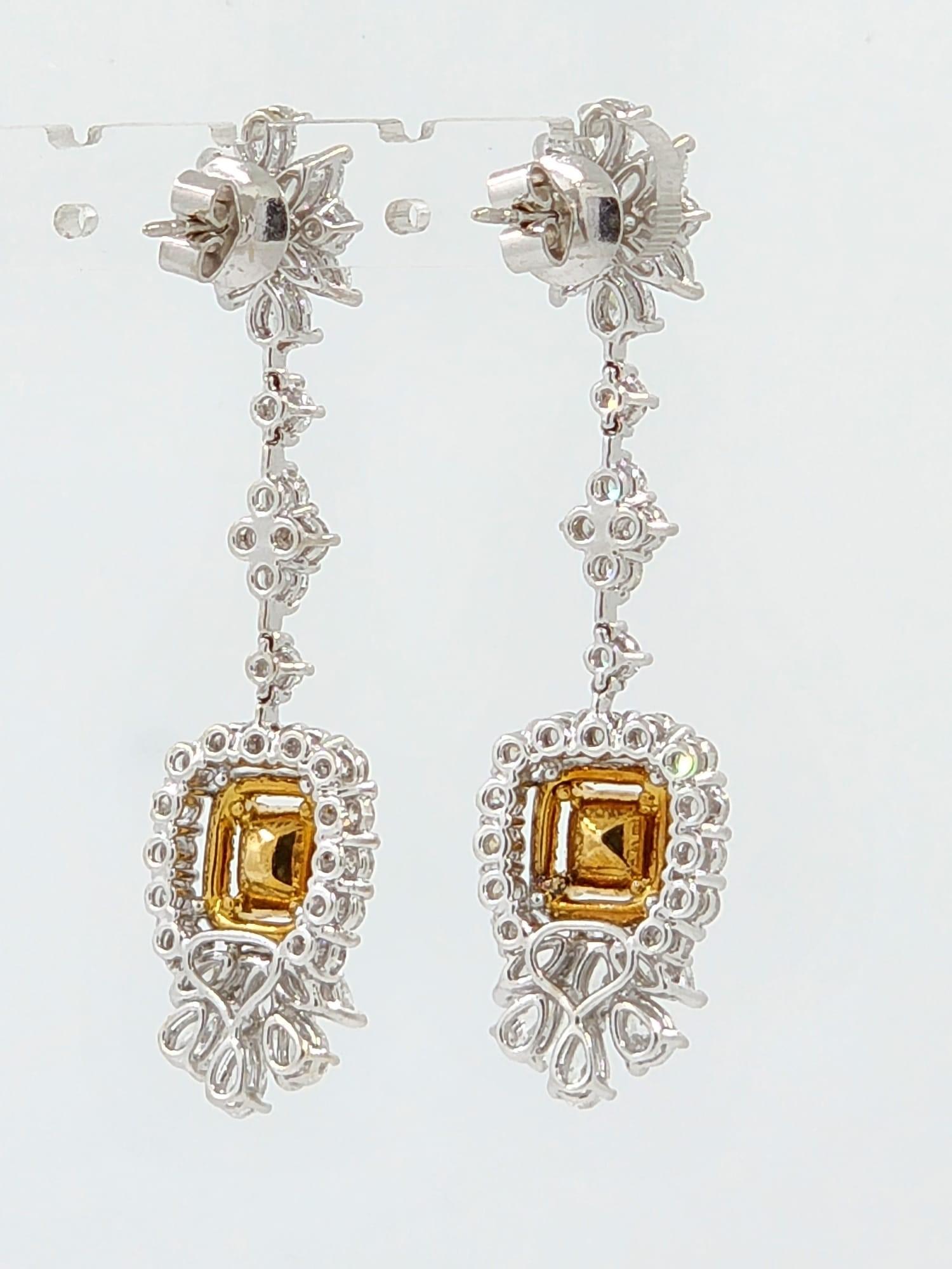 Mixed Cut IGI Certified Fancy Yellow Diamond Dangle Drop Earring in 18K White Gold For Sale