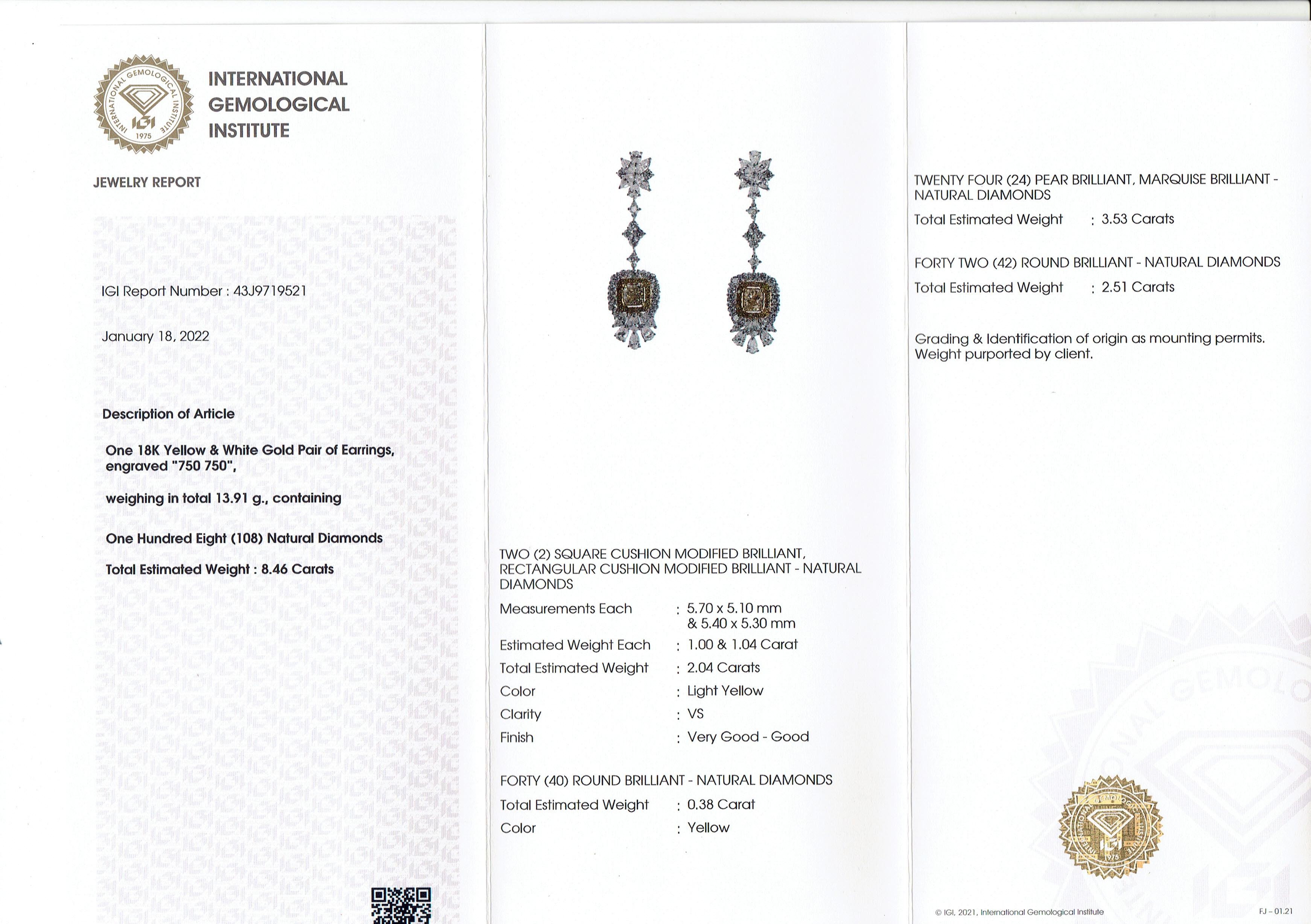 IGI Certified Fancy Yellow Diamond Dangle Drop Earring in 18K White Gold For Sale 2