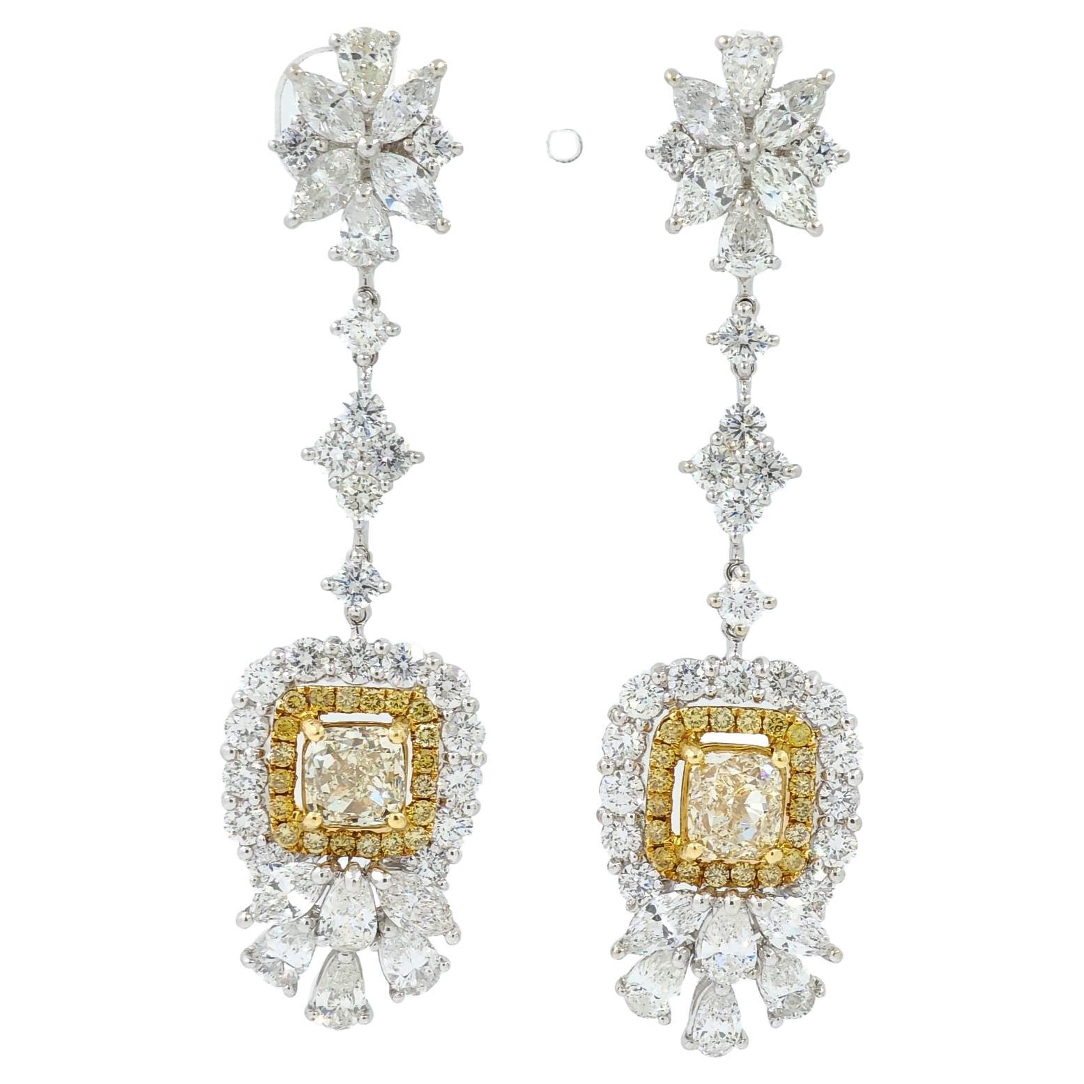 IGI Certified Fancy Yellow Diamond Dangle Drop Earring in 18K White Gold For Sale