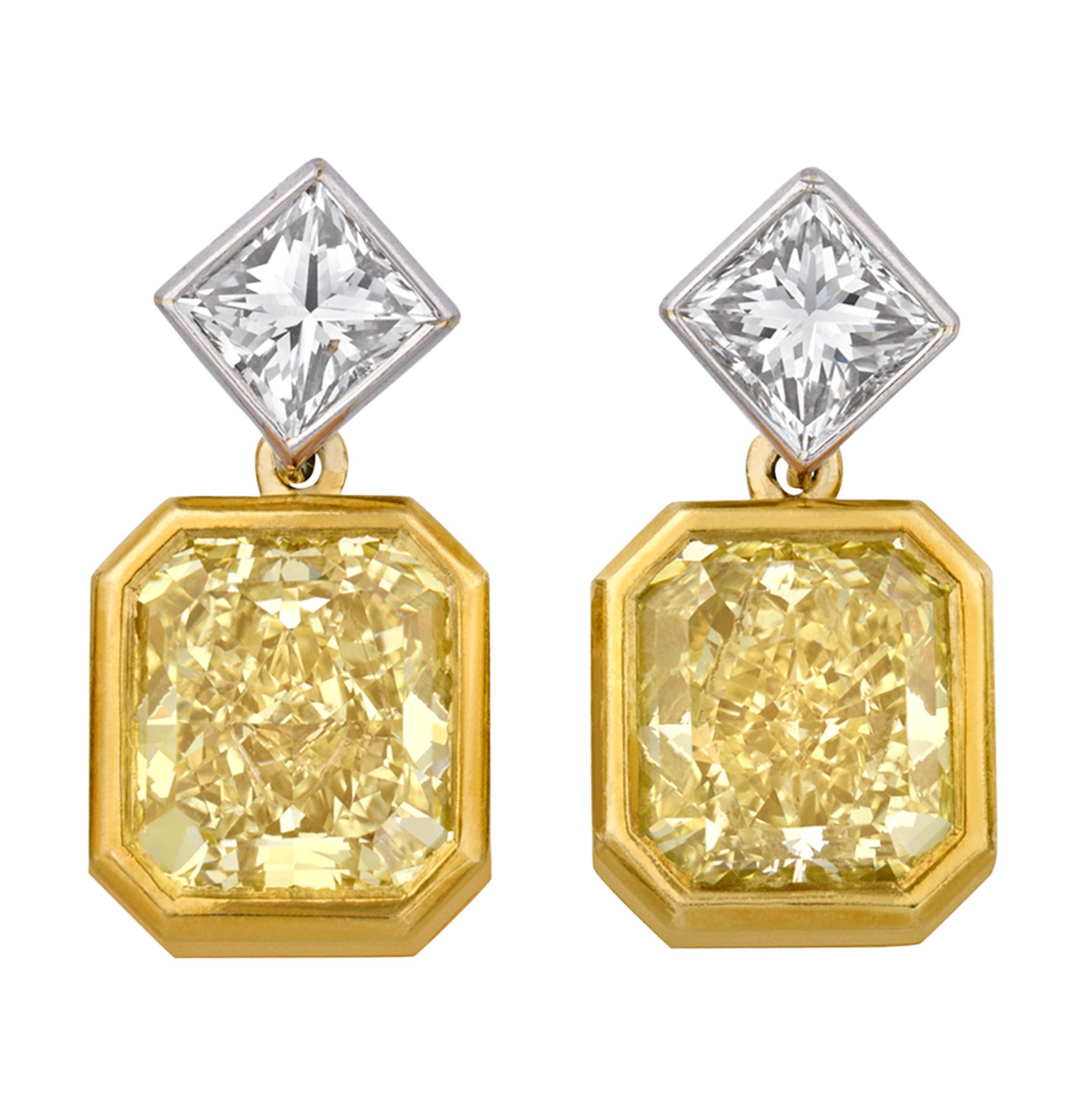 Modern Fancy Yellow Diamond Dangle Earrings, 4.47 Carats For Sale