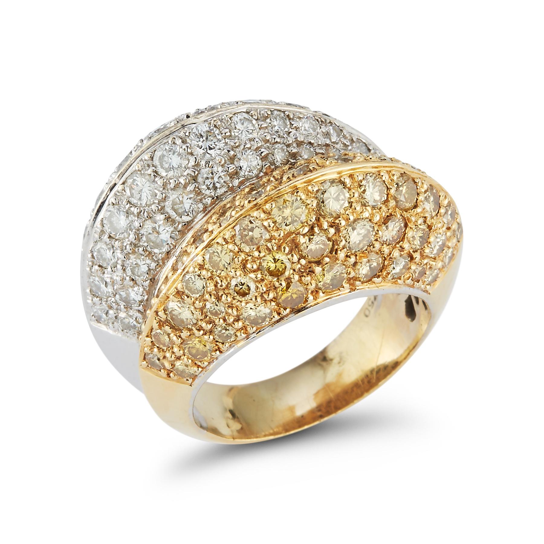 Fancy Yellow Diamond Double Dome Ring 

18k Two tone gold 

Ring Size: 5

Re sizable free of charge

