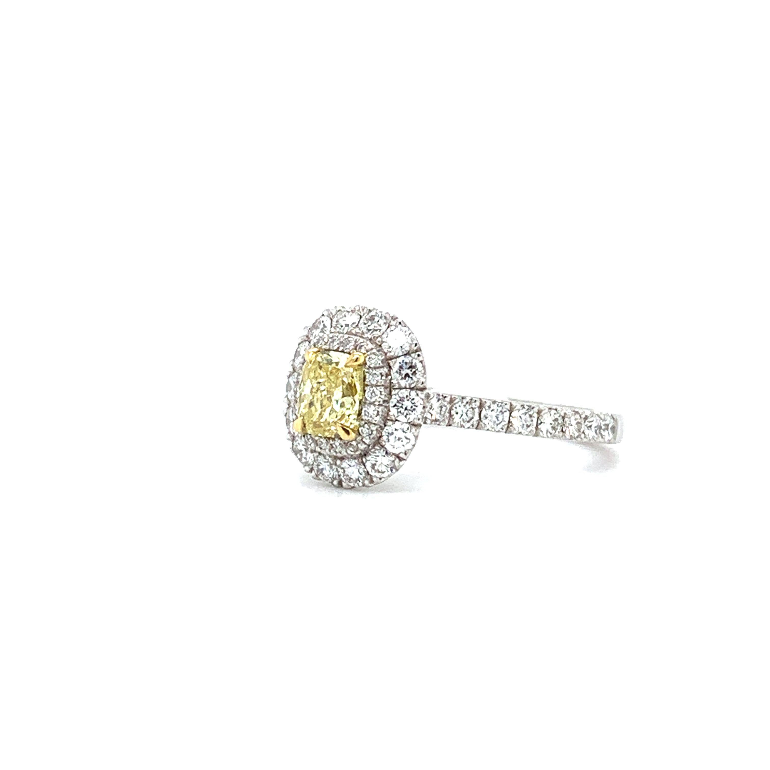 Cushion Cut Fancy yellow diamond double halo engagement ring 18ct white gold For Sale