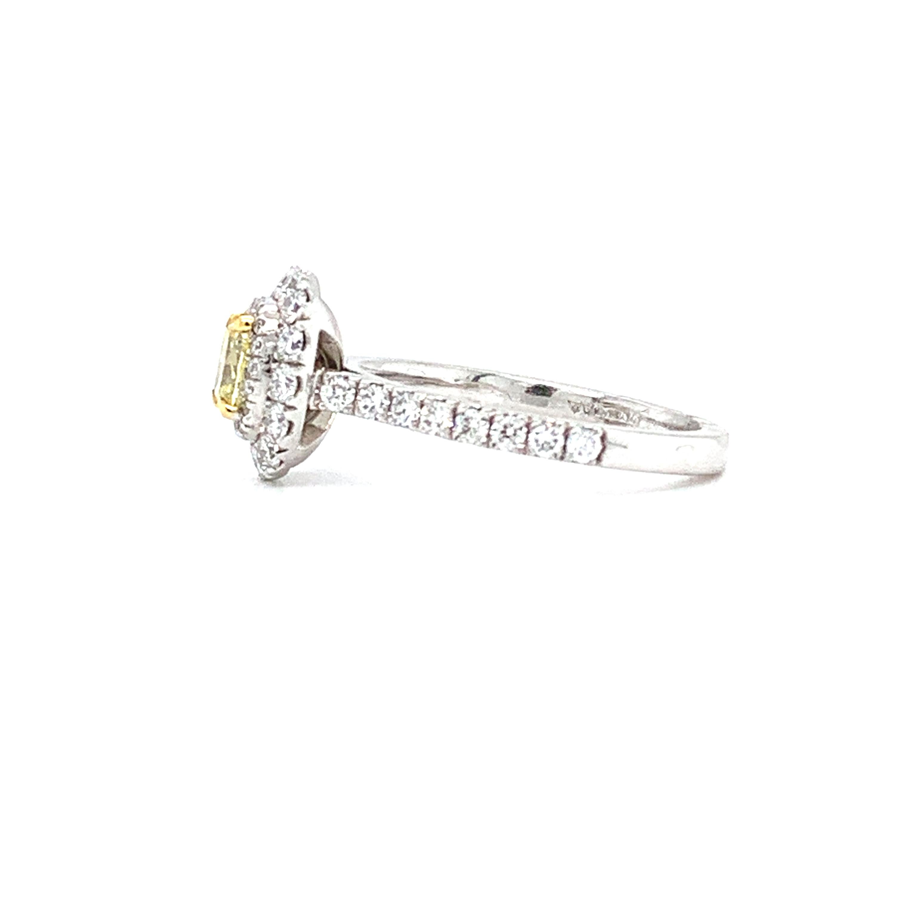 Fancy yellow diamond double halo engagement ring 18ct white gold In New Condition For Sale In London, GB