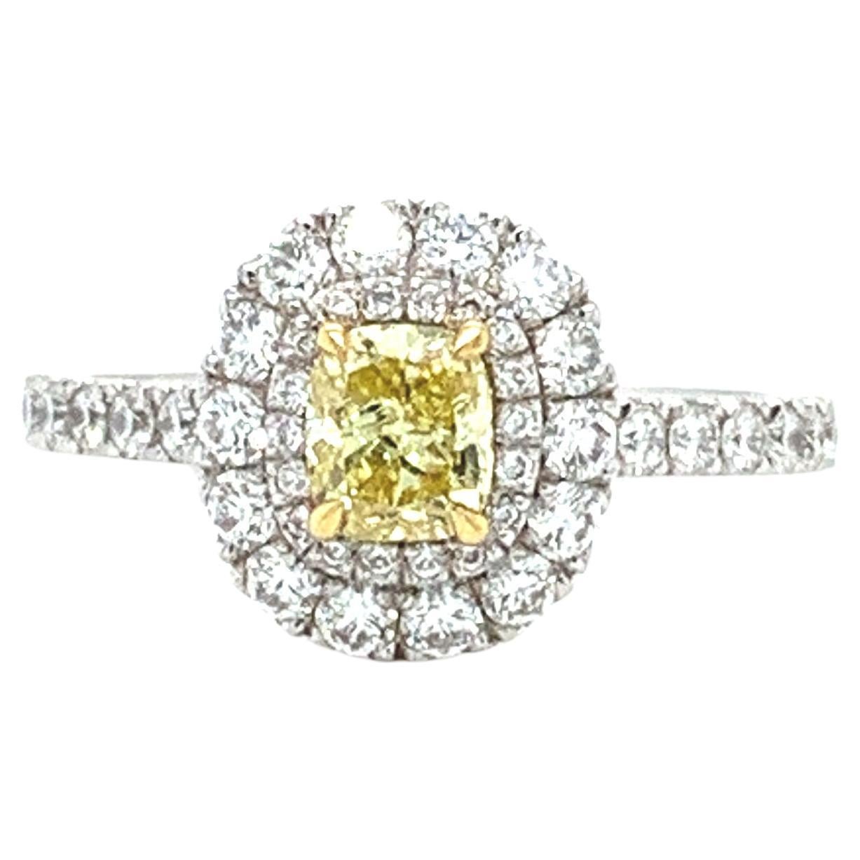 Fancy yellow diamond double halo engagement ring 18ct white gold For Sale