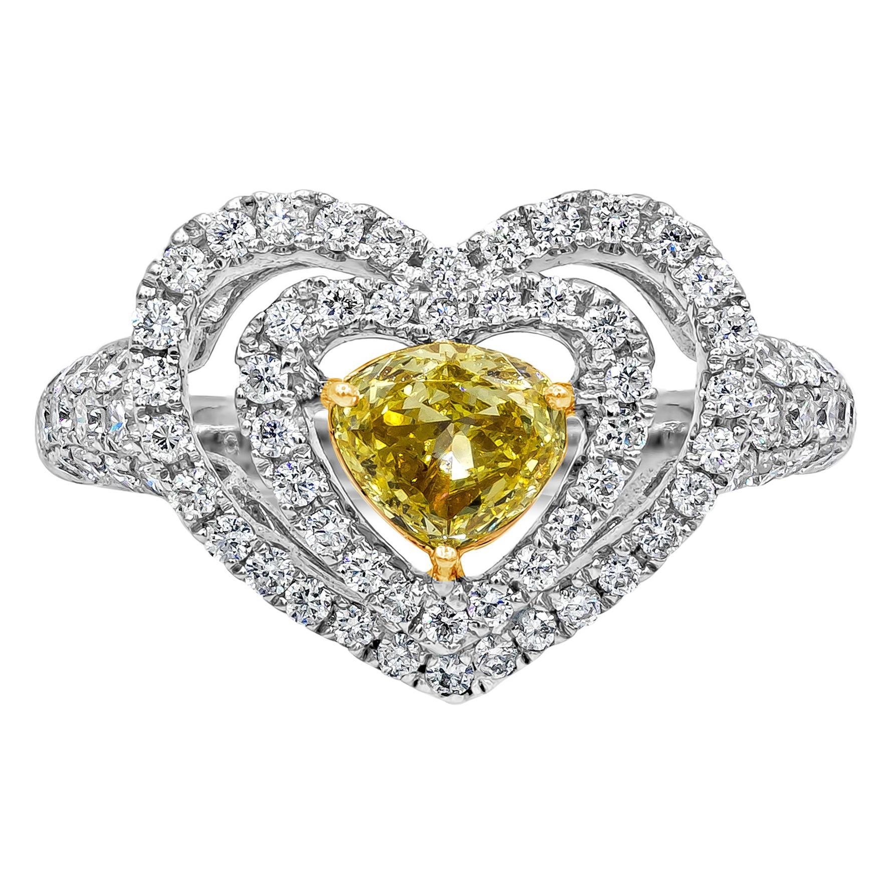 Roman Malakov 0.58 Carats Fancy Yellow Diamond Double Halo Engagement Ring  For Sale
