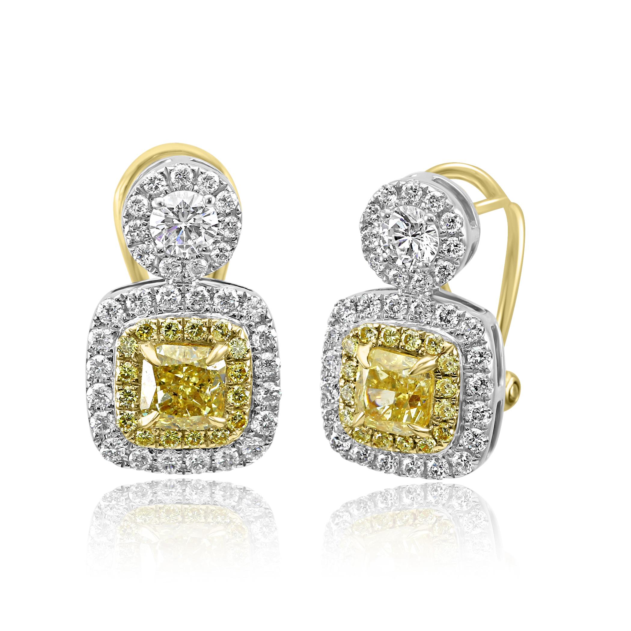 Contemporary Fancy Yellow Diamond Double Halo Two Color Gold Fashion Drop Clip-On Earrings
