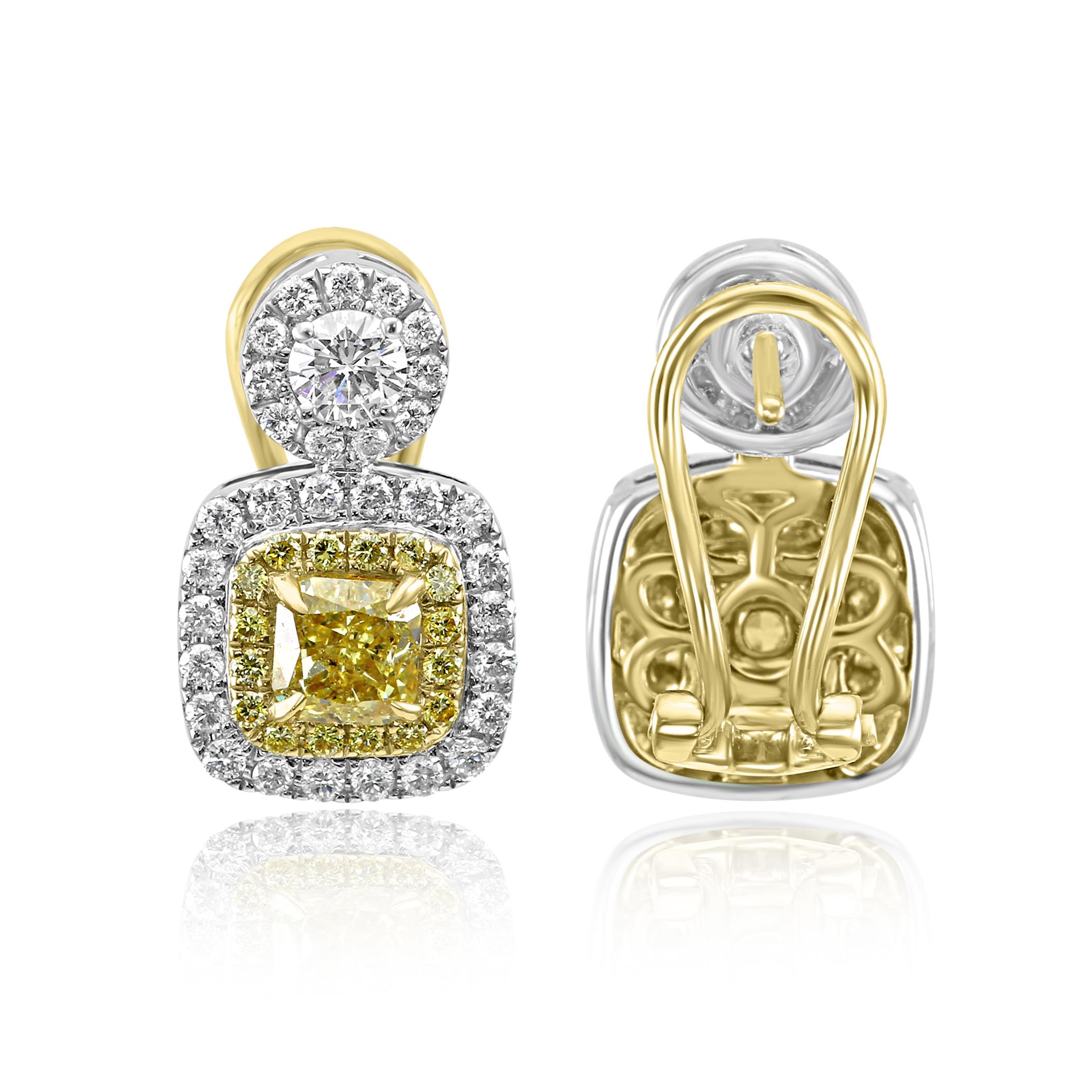 Radiant Cut Fancy Yellow Diamond Double Halo Two Color Gold Fashion Drop Clip-On Earrings