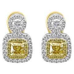 Fancy Yellow Diamond Double Halo Two Color Gold Fashion Drop Clip-On Earrings