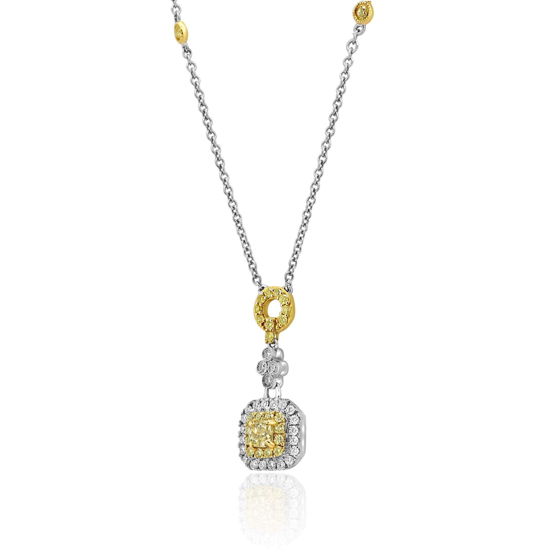 Contemporary Fancy Yellow Diamond Double Halo Two Color Gold Pendant Drop Chain Necklace