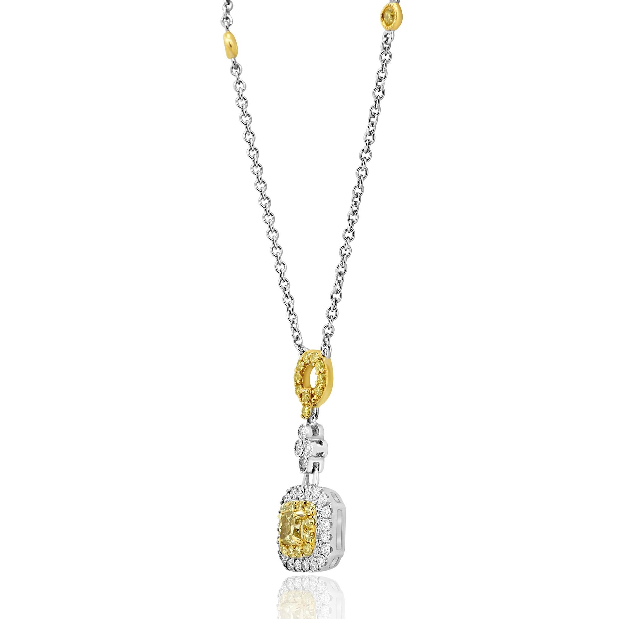 Fancy Yellow Diamond Double Halo Two Color Gold Pendant Drop Chain Necklace In New Condition In NEW YORK, NY