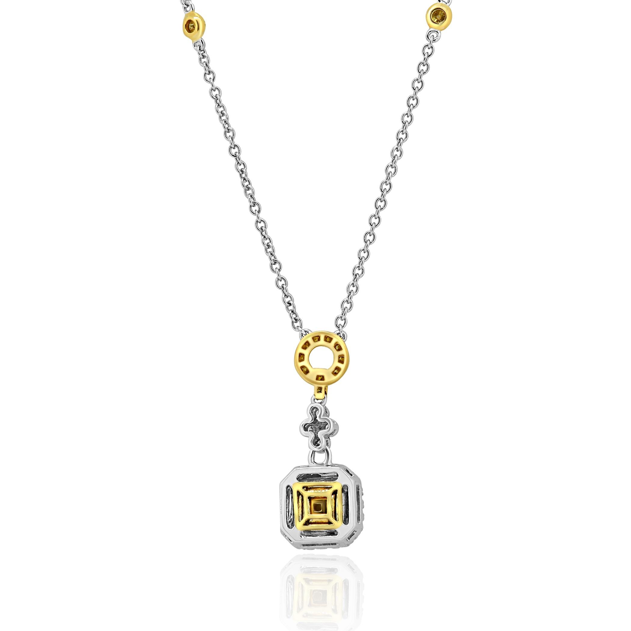 Fancy Yellow Diamond Double Halo Two Color Gold Pendant Drop Chain Necklace 1