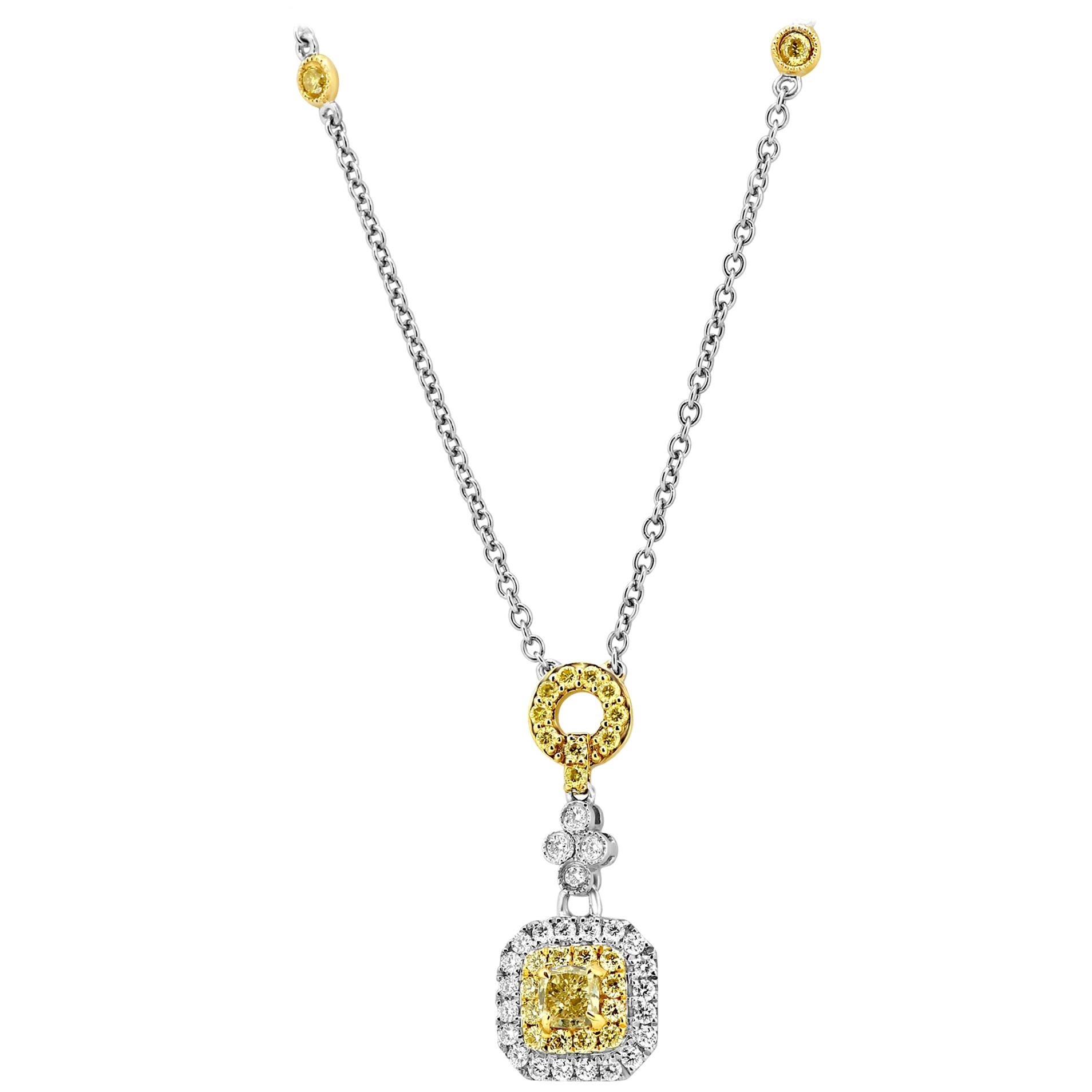 Fancy Yellow Diamond Double Halo Two Color Gold Pendant Drop Chain Necklace